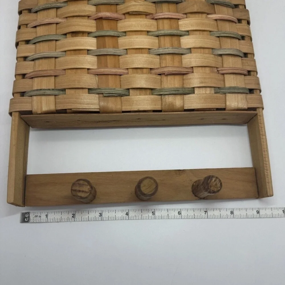 Vintage New England hand made wall hanging basket mail Color Weave Hooks Cottage